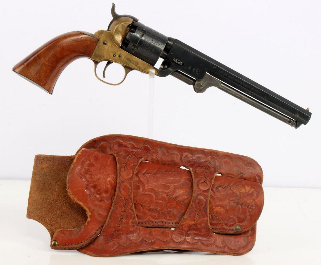 EXCAM ITALY COLT COPY 26 NAVY MODEL REVOLVER: EXCAM Italian Colt copy .36 caliber Navy Model percussion 6-shot revolver. Single action. Bright and clear bore. 7 1/2 inch barrel. Naval scene engraved on the cylinder. Wooden grips. Holds 80% origin