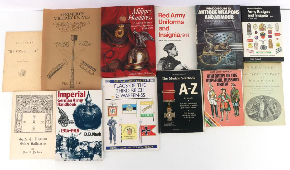 10 BOOKS ON WWI WWII MILITARY WEAPONS MEDALS MORE: Includes books on ancient and early modern period weapons, military headdresses of history, Russian uniforms and hallmarks, and much more. Good value with lots of important topics.