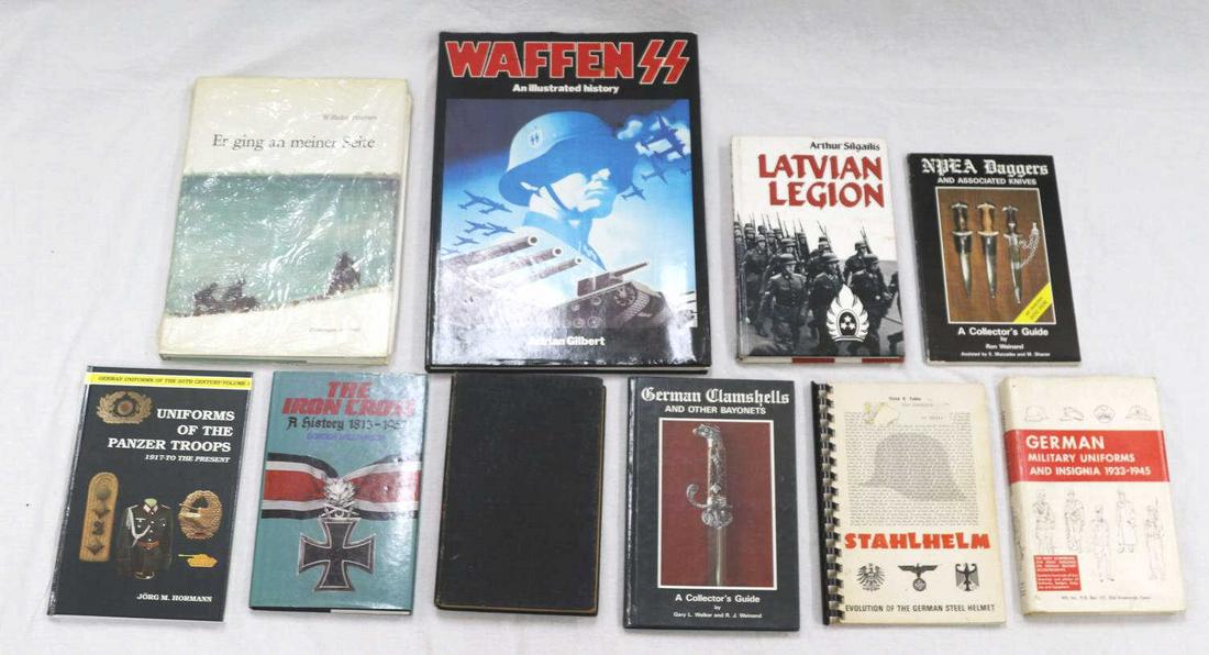 10 WWII GERMAN BOOK LOT SS ART PANZER STAHLHELM: All hard cover unless stated otherwise. Lot includes: German Military Uniforms and Insignia 1933 to 1945 by WE Inc 1967, soft cover NPEA Daggers and Associated Knives by Ron Weinand, soft cover of Sta