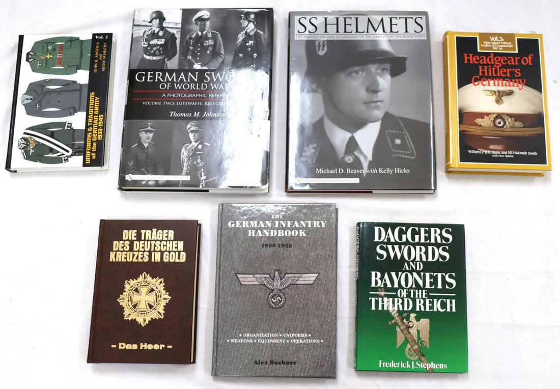 7 GERMAN WWII BOOKS DAGGERS SS HELMET SWORDS: All books are hard cover and include: Daggers Swords and Bayonets of the Third Reich by Frederick J. Stephens, Uniforms & Traditions of the German Army 1933-1945 vol. 2 by John R. Angolia and Adolf Sc