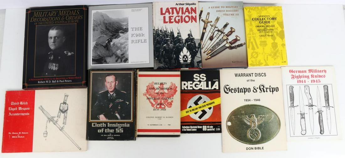 11 BOOKS ON WWII GERMAN WEAPONS GUNS DAGGERS: Large variety from Waffen SS to Imperial German, all in English. All in good legible condition.
