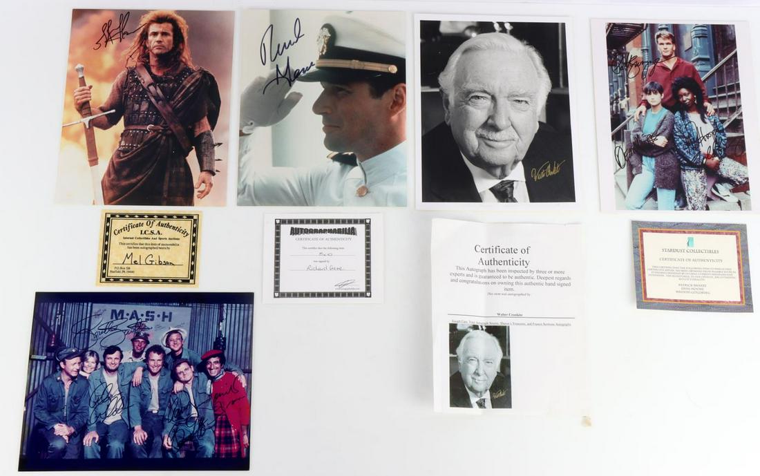 COLLECTION OF CELEBRITY AUTOGRAPHS MASH GIBSON: Collection of 8X10 autographed photos by different tv/movie personalities. One photo of the Ghost cast autographed by Pat Swayze, Demi Moore, and Woopi Goldberg. All signed in black sharpie near their