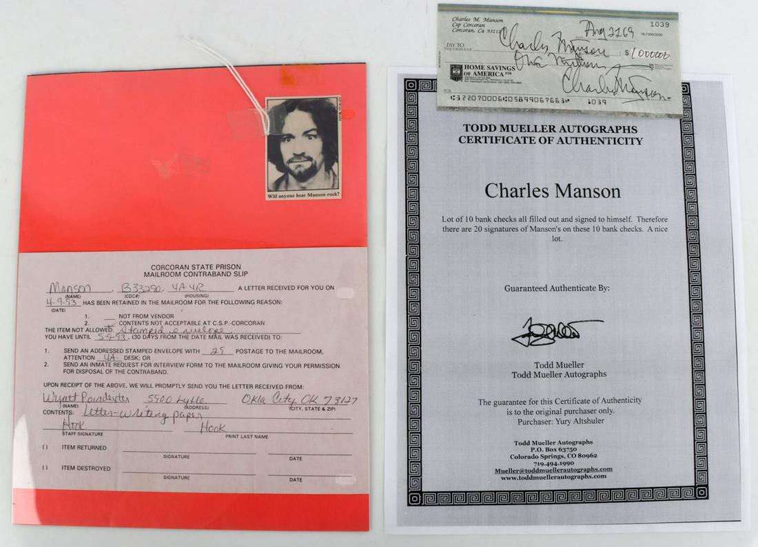 CHARLES MANSON DOUBLE SIGNED CHECK 1 MILLION: Double signed check with signature swastika style. For 1 million dollars. Very good condition. Please note: includes photocopied COA describing 10 checks (only one is included in this lot).
