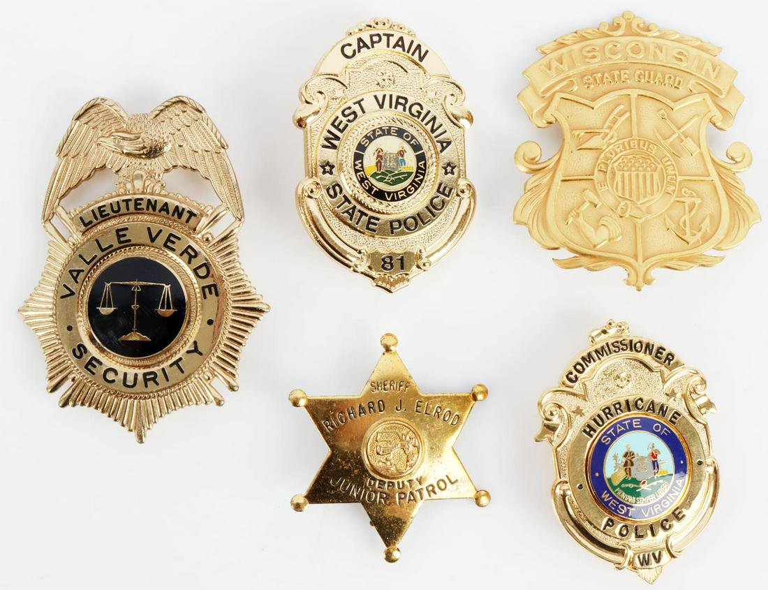 LOT OF 5 OBSOLETE POLICE BADGES CAPTAIN WEST VA: Lot features a Captain West Virginia state police badge numbered 81, Sheriff Richard Elrod Deputy junior patrol, LT Valle Verde security, Commissioner Hurricane Police for West Virginia, and a Wiscons