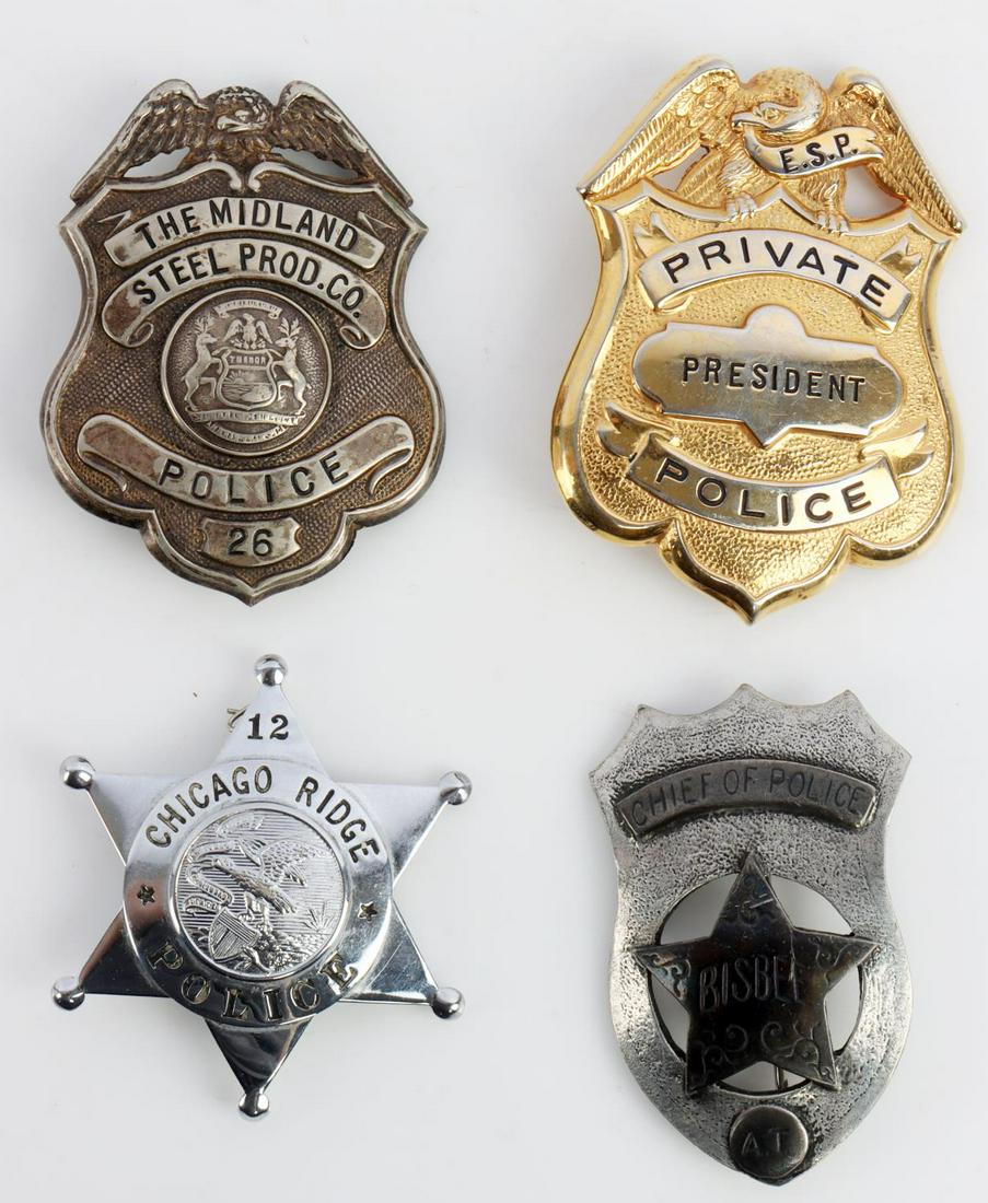 4 OBSOLETE POLICE BADGES CHICAGO RIDGE MIDLAND: Lot features Midland Steel Production Co Police #26, Chief of Police Bisbee, Chicago ridge star badge #12, and a Private president police badge. Very good condition. Measure 2.5 - 3 inches.