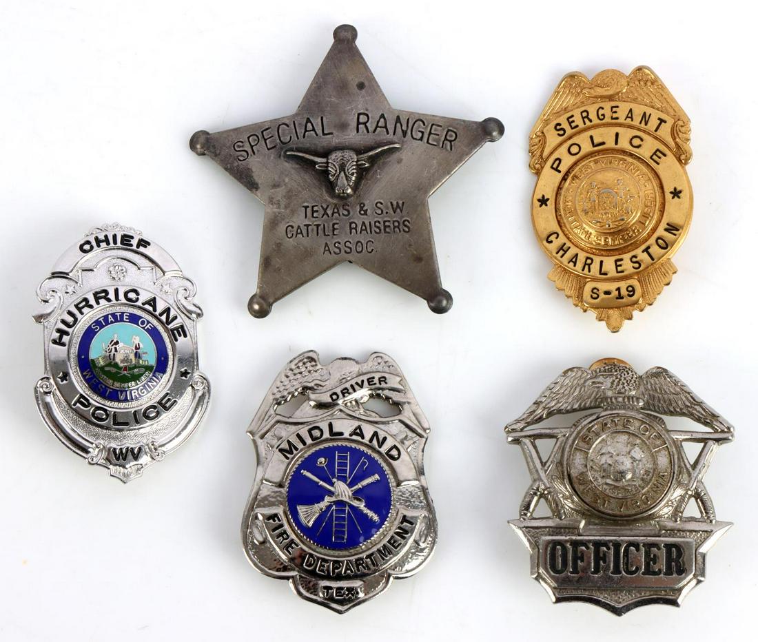 5 OBSOLETE POLICE BADGES SPECIAL TEXAS RANGER: Lot features badges for a Special Ranger Texas & SWG Cattle Raiser association, State of West Virginia Officer, Sergeant Charleston Police, Midland Fire Department, and Chief Hurricane Police. Very go