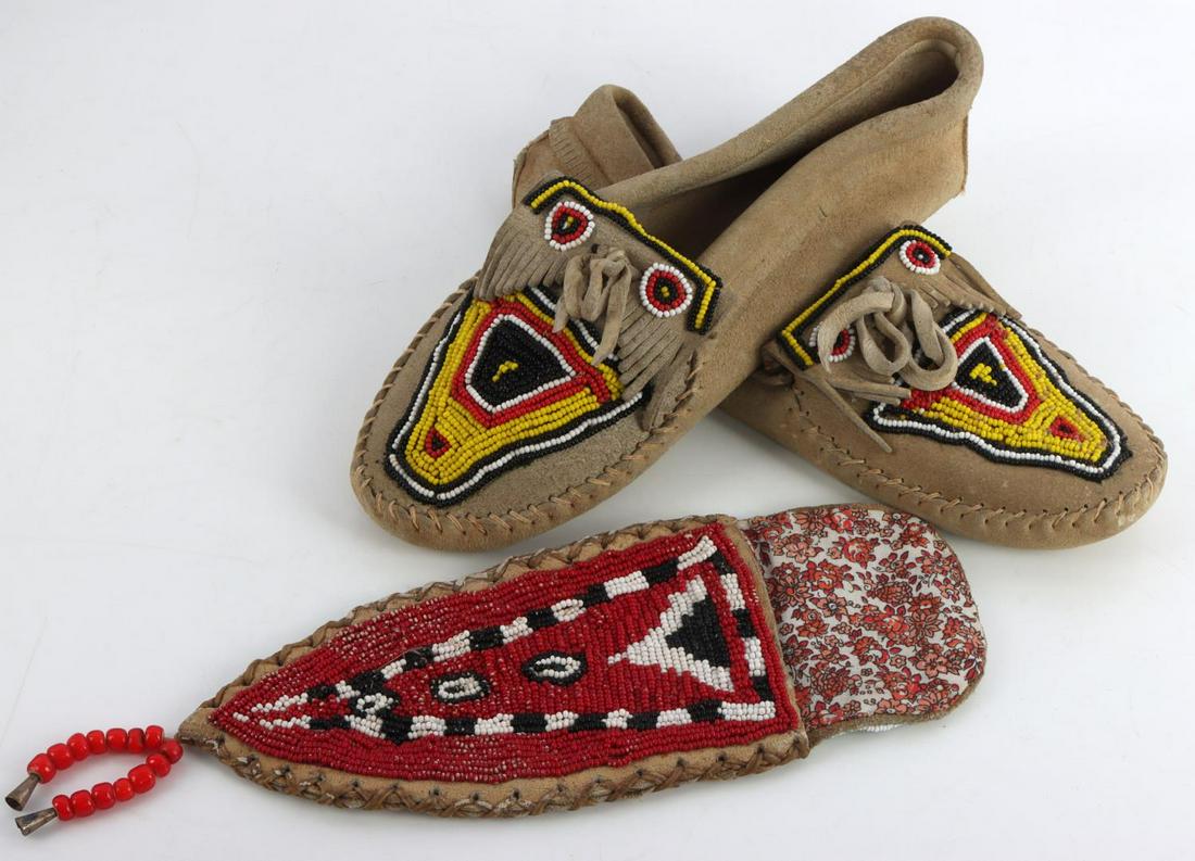 NATIVE AMERICAN MOCCASINS & BEADED SHEATH: Native American buckskin leather moccasins and knife sheath. Both in good condition. Beads on the sheath need to be clean but are in good condition. Moccasins are 10 inches & width 3.5 inches, sheath 