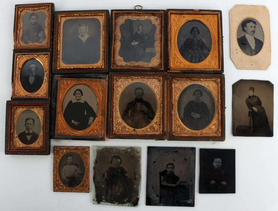 LOT OF 15 AMBRO DAGUERREO AND TINTYPE PHOTOGRAPHS: Variety of daguerreotypes, tintypes, and ambrotypes. Men, women, and children varieties. Mostly tintypes. Very good condition. Measurements range 2 7/8 X 2 1/4 inches - 3 3/4 X 3 1/8 inches.