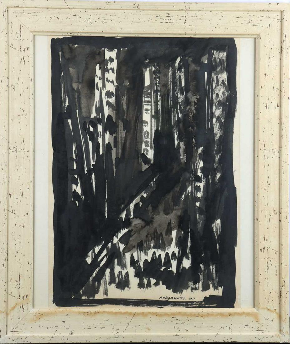 ABRAHAM WALKOWITZ MODERNIST CITYSCAPE PAINTING: Modern art watercolor by Abraham Walkowitz (1878-1965), who was a Russian-American painter grouped in with early American Modernists working in the Modernist style. In very good condition with some no
