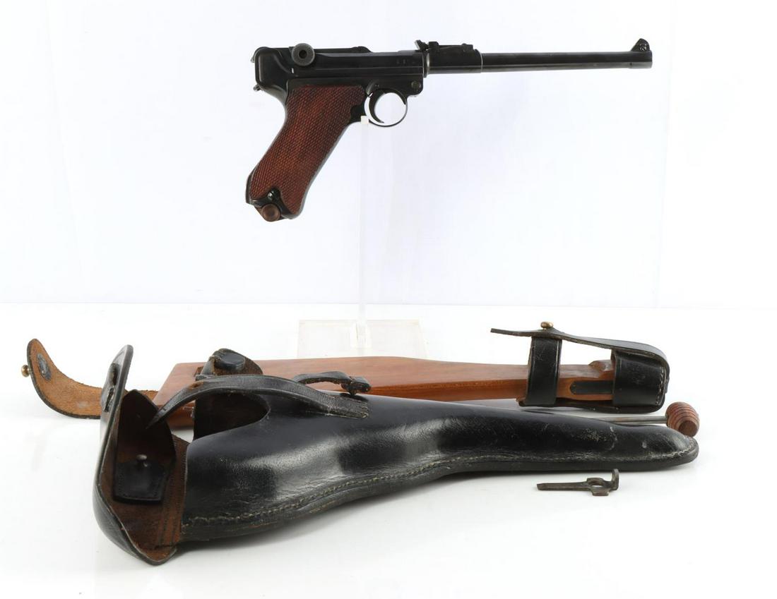 WWI GERMAN EMPIRE PO8 ARTILLERY LUGER W STOCK: WWI German Empire Po8 artillery Luger from Deutsche Waffen und Munitionsfabriken in very good condition. 29 marked on side plate, safety pin, and toggle link. 34 marked on rear sight. "Gesichert" mark