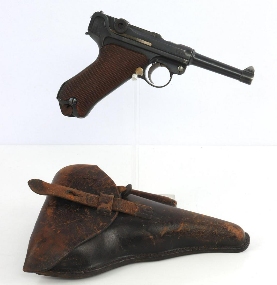WWI LUGER PO8 PISTOL W/ INTERWAR POLICE MARKINGS: Matching holster and take-down tool. Bore is bright and clear with distinct rifling. Action is smooth and functions without issue. Military proof on right side of receiver. Matching serial number on e