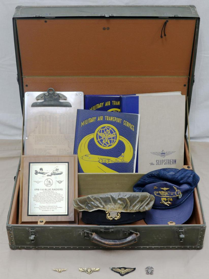 WWII NAVAL AVIATOR ARCHIVE TRAINED W GEORGE BUSH: LT. Wayne Swanson of Illinois, his named suit case, and contents, he flew with VPB 116 Blue Raiders, B-24 squadron out of Tinian in WWII. Includes his training cruise book Slipstream where he trained 