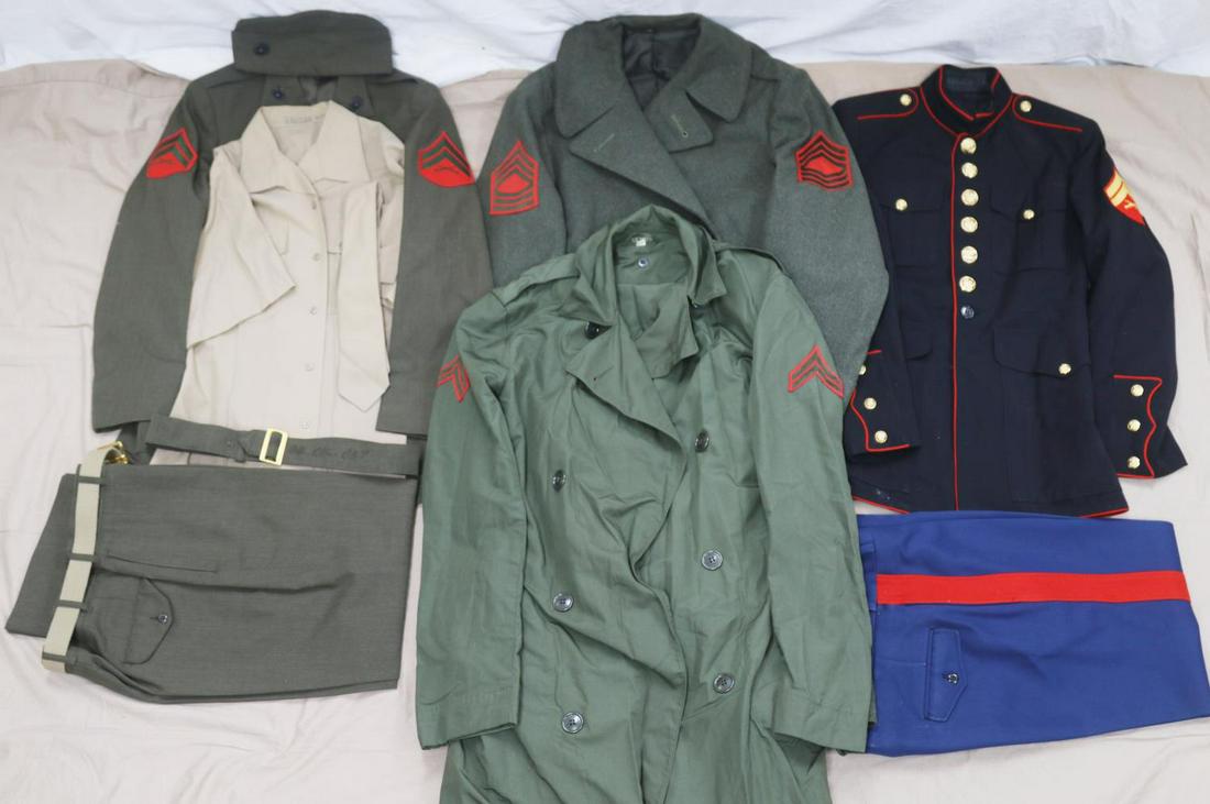 USMC MARINE CORP UNIFORM LOT WWII GUNNY CORPORAL: Includes small size corporal dress blue, trousers and tunic without belt. WWII dated 1942 43 USMC Quartermaster Dept. stamped in sleeve. Rare and mostly moth free with a small area on flap visible onl