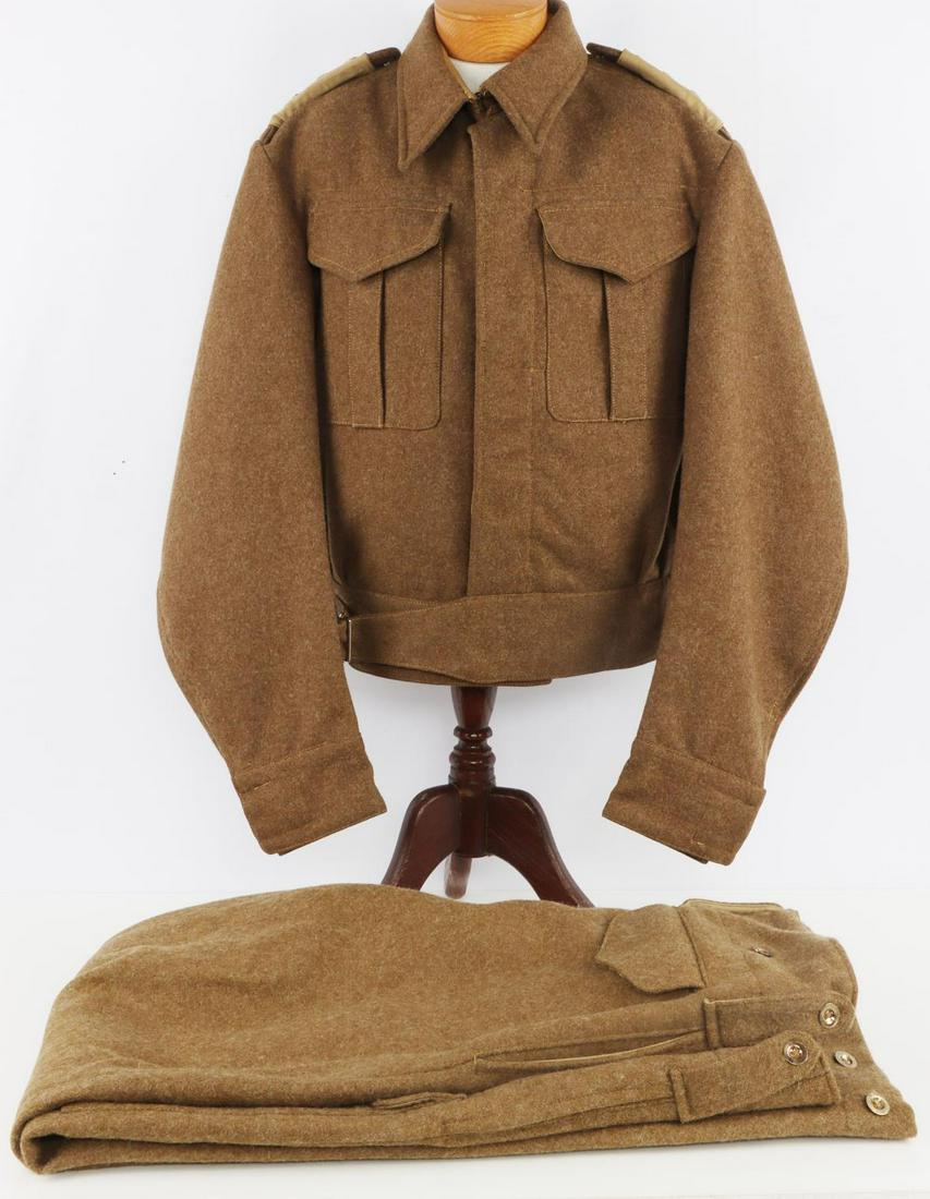 WWII AUSTRALIA OFFICER BATTLE DRESS UNIFORM: Captain rank insignia. 1941 dated with broad arrow stamp. 38 to 40 chest. Trousers size 38x32 inches, moth free, and in very good original condition.