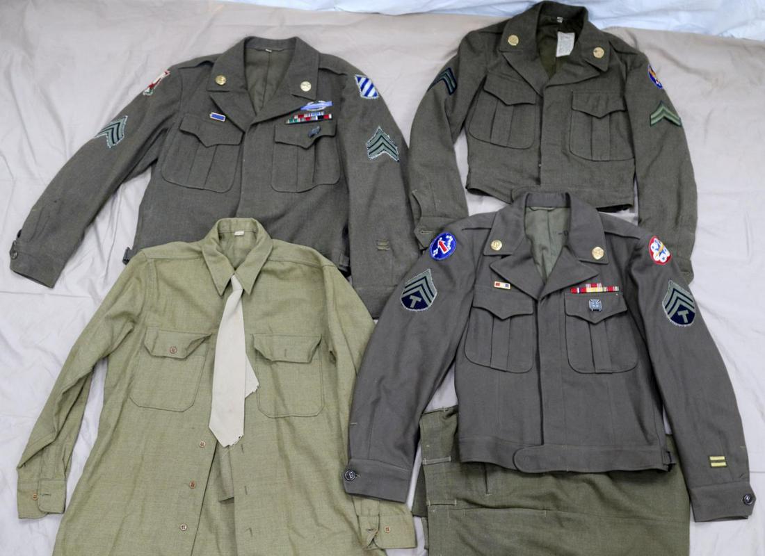 3 WWII IKE JACKET UNIFORM LOT W STERLING INSIGNIA: First is a size 40R Sgt. with sterling CIB Marksman badge, sewn ribbons and in country sewn cloth insignia in very good, moth free, condition. Coat with shirt and tie. Second is a size 38R Tech Sgt. w