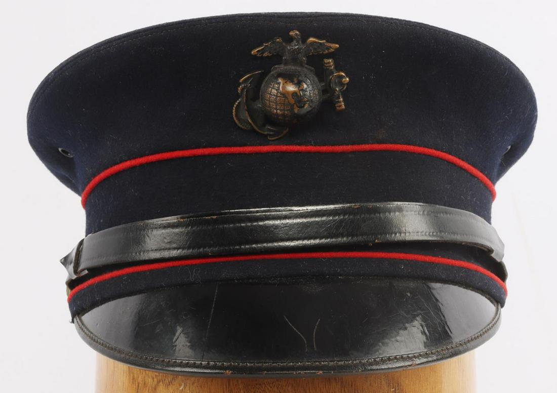 USMC MARINE M1912 BELL CROWN VISOR CAP: Very nice WWI era Marine visor. Well cared for and moth free. Some light crackling to bill. Very good EGA, buttons and chin strap.