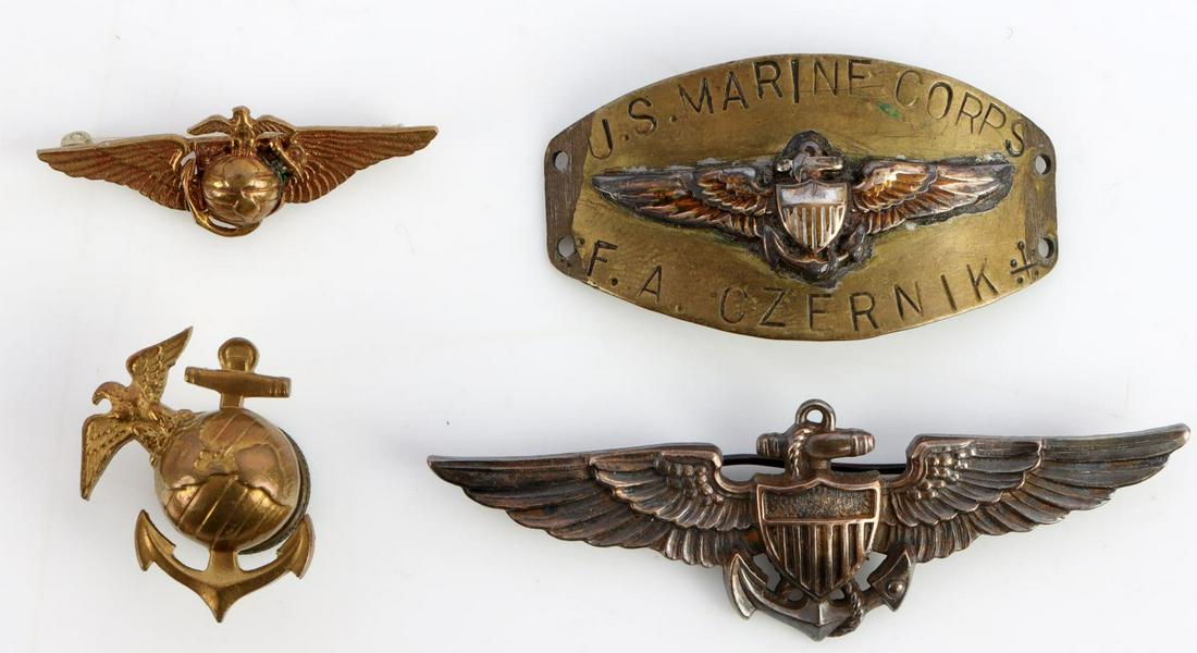 WWII USMC MARINE NAMED WINGS EGA ID TAG: Includes H-H sterling 2 3/4 inch pinback wings, 1 1/2 inch wings with EGA attached, and ID tag named to F.A. Czernik and EGA . Nice grouping.