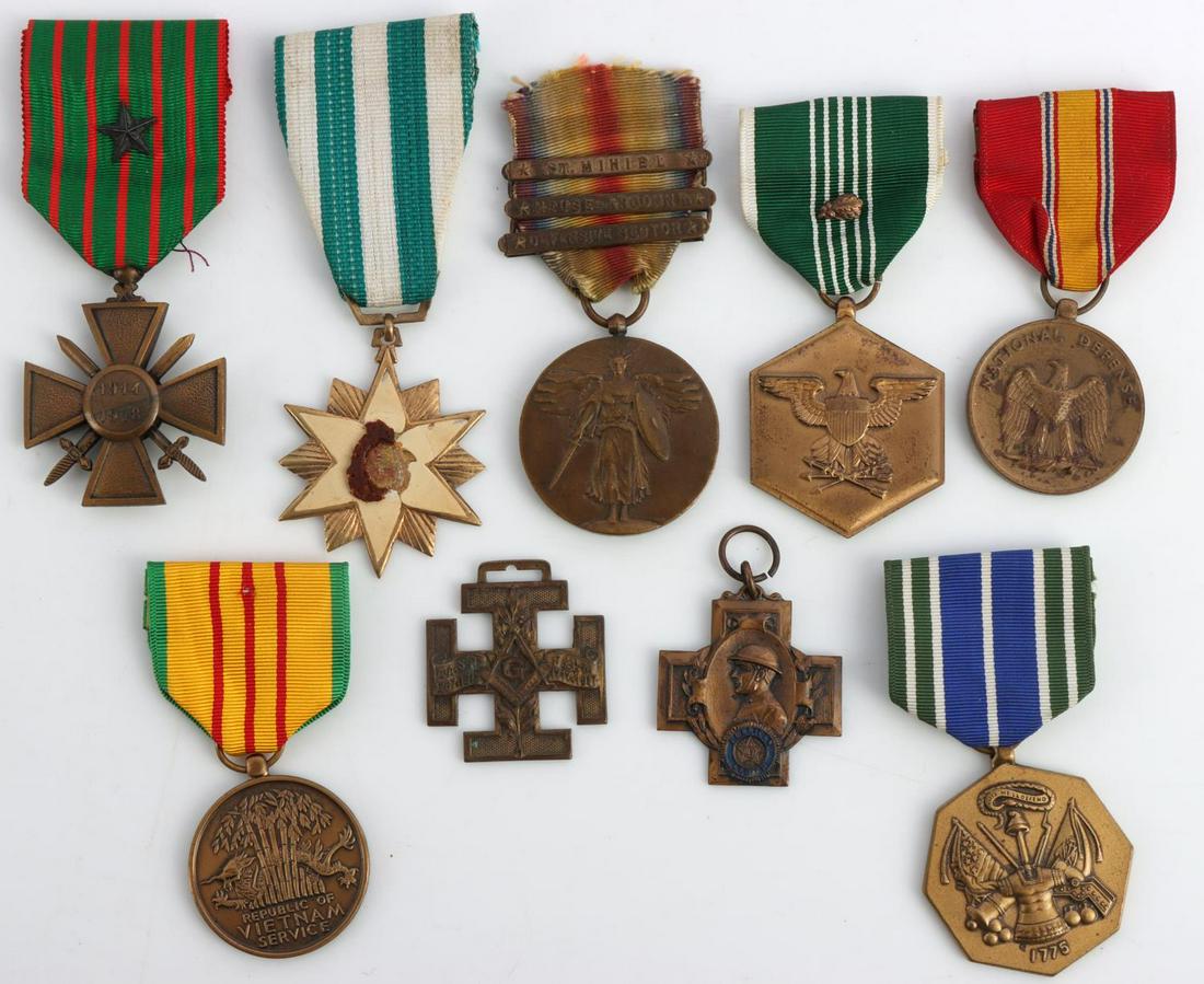 WWI WWII VIETNAM MASONIC MEDAL LOT OF 8: Includes WWI 3 bar medal, American Legion WWI, WWI Croix De Guerre, 1917 Masonic DeMolay medal, National Defense, Vietnam campaign and more.