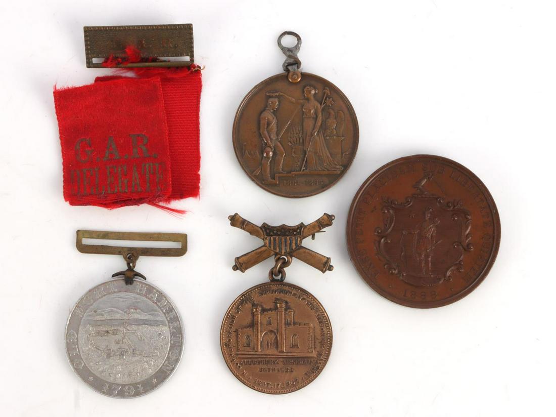 MEDAL LOT GAR MASS. ARTILLERY CIVIL WAR VETERAN: Includes 250th anniversary of then Mass. Artillery 1888 BU medal, 1893 aluminum Hamilton Ohio GAR encampment, named State of Ohio Vol. Infantry medal, and 1909 Allegheny commemorative medal.