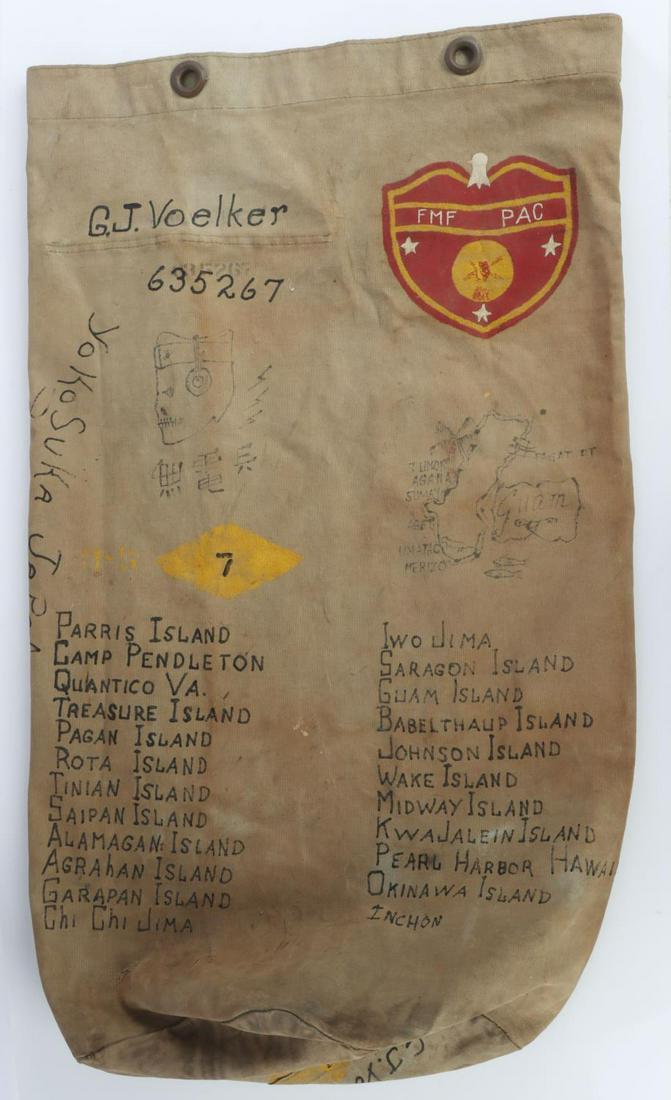 USMC MARINE 1ST ANGLICO FMF KOREA WAR NAMED SEABAG: Named to Sgt. Gordon J. Voelker of the Air Naval Gun Fire Liaison Co. "Anglico" a detailed history is accompanied. Measures 36x21 inches. Extremely rare one of a kind item.