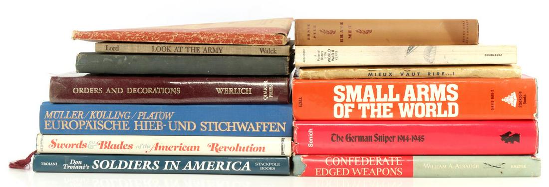 LOT OF 13 BOOKS WWII GERMAN SNIPER ORDER & DECOR: Lot features: Small Arms of the World by Ezell, The German Sniper 1914-45 by Senich, Orders and Decorations Werlich, Confederate Edged Weapons by Albaugh, Swords & Blades of the American Revolution by
