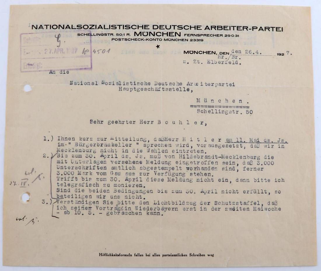 PRE WWII GERMAN HIMMLER HITLER NSDAP DOCUMENT: A letter typed by Heinrich Himmler giving details of an upcoming event. Dated April 26, 1927, the letter details Adolf Hitler as a speaker at the once NSDAP headquarters of Burgerbraukeller. Other ite
