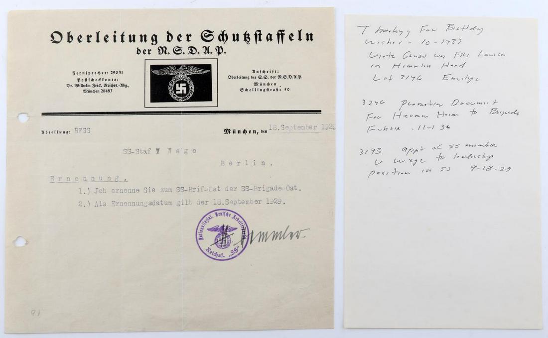 WWII GERMAN THIRD REICH HIMMLER AUTOGRAPH: Signed document for NSDAP. Comes with document stamp. Very good condition. Measures 8 1/8 inches.