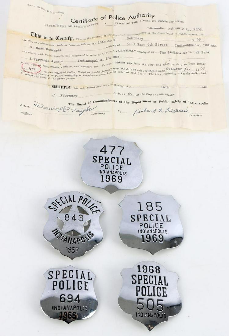 5 OBSOLETE INDIANAPOLIS SPECIAL POLICE BADGE: Obsolete Indianapolis Special Police badge #477 with Certificate of Police Authority, 1969. Badge was given to G. Dean Schwartz on February 14th, 1969 where he was employed by the Indiana National Ban
