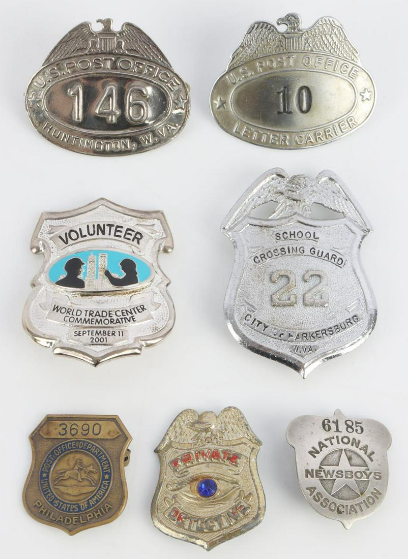 7 OBSOLETE POST OFFICE DETECTIVE BADGES: 7 obsolete badges. 3 Post office badges. One 9/11 memorial volunteer badge. One Crossing guard badge. One Private Detective badge. One National Newsboys Association badge. All in very good condition.