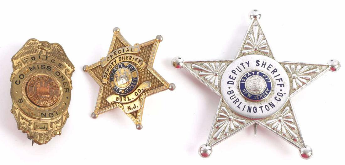 3 OBSOLETE BURLINGTON CO NEW JERSEY BADGES: Three obsolete Burlington County, New Jersey medal badges. These include two Deputy Sheriff badges and a Police Commissioner badge for Burlington County in New Jersey. Sizes range from 1 1/2 X 1 1/2 i