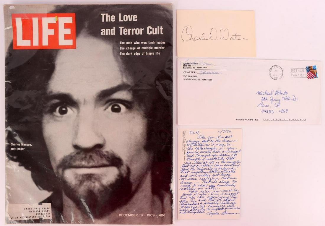 LYNETTE SQUEAKY FROMME & CHARLES TEX WATSON SIGNED: Letter from Lynette Fromme from Marianna, Florida Federal Prison, signed letter and cover, also clip signature from trigger man for Manson, also 1969 Time magazine. both very good original condition