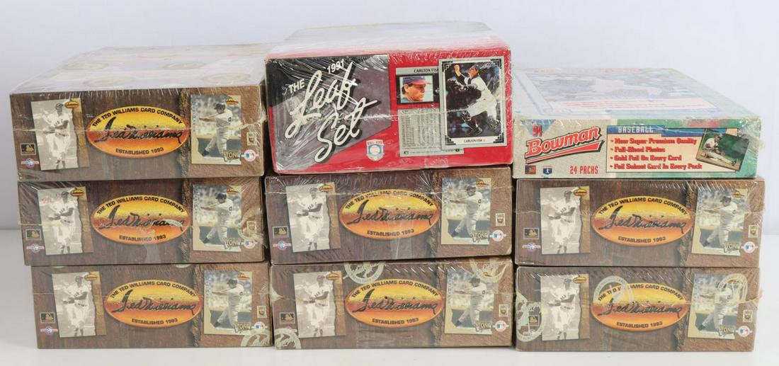 9 BOXES OF UNOPENED BASEBALL CARDS TED WILLIAMS: Includes seven Ted Williams Series 1 1994 boxes in good condition - still plastic sealed. Also includes Bowman and 1991 Leaf Set still sealed.
