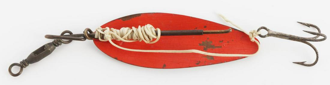 CHAPMAN & SON 1880'S SPOON LURE NUMBER 3: Good overall condition. Marked "3" & "Chapman & son Theresa N.Y." Some rust but no pitting. Hooks still have their points. Most of paint still present on underside. This lot has a reserve.