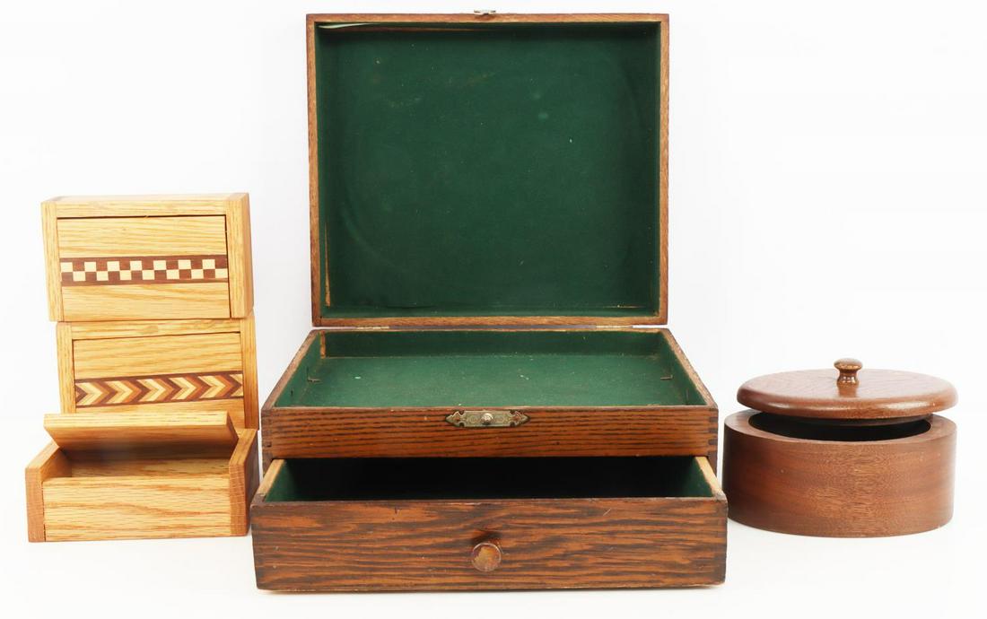 HANDCRAFTED RONNIE STELLHORN WOOD BOX LOT: 4 intricately crafted Ronnie Stellhorn wood boxes 5x3 inches, all very good condition, and an antique drawer box, 9x10 inches, that has wear.