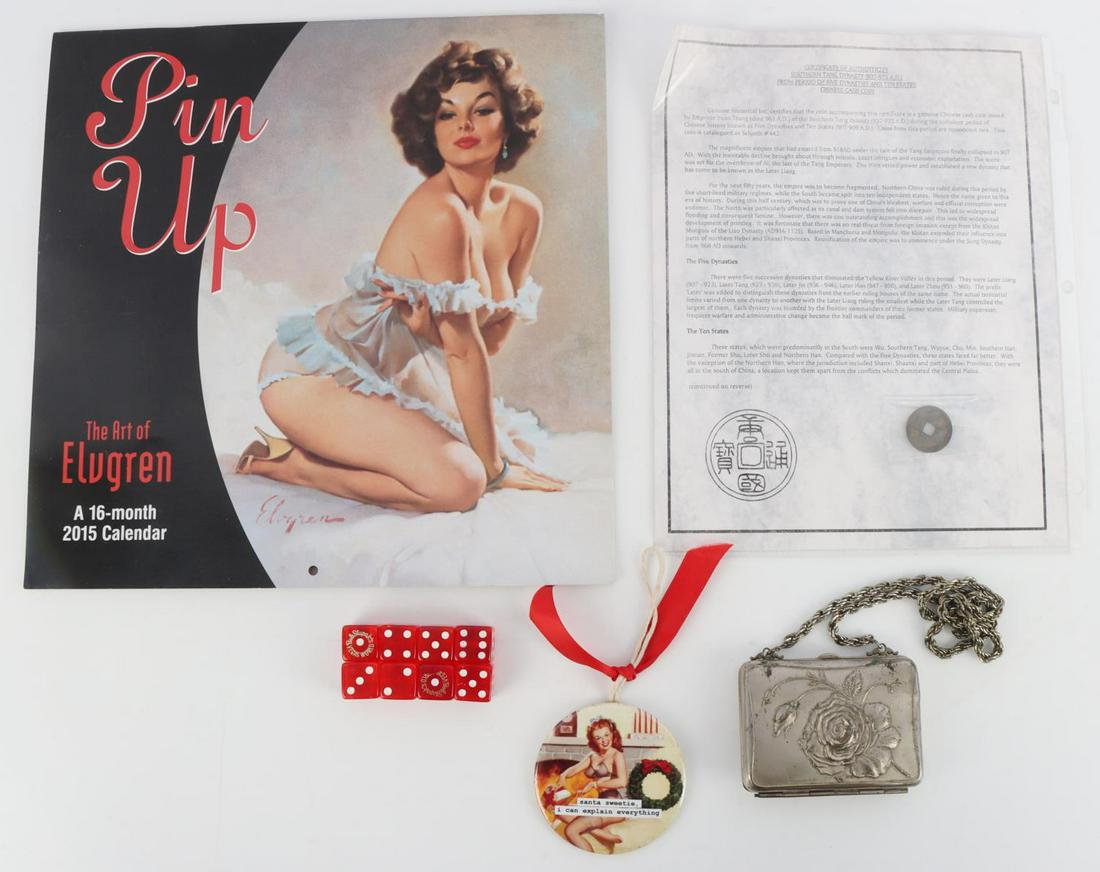 COLLECTIBLE LOT DICE CASH COIN PINUP PURSE: Includes 7 dice Bob Stupka's Vegas World, pinup Christmas ornament, White Metal rose pocket book, 2016 pinup calendar, and a Chinese Cash coin with COA.