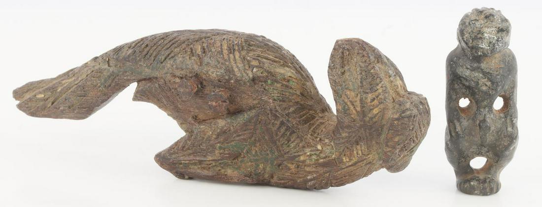 ARTIFACT LOT FERTILITY GORGET CARVED PARROT: Th fertility piece is a non magnetic metal, perhaps bronze, and 2 1/2 inches. Carved avian figure appears 17th or 18th century and was designed to hang on wire and swing.