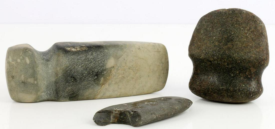 WOODLAND PERIOD AL. FOUND 2 GROOVED AXE 1 GORGET: Nice 3/4 groove axe, 5 1/2 inch, full groove shortened tip 3 inches, damaged 2 hole gorget with edge hash marks and lineage etching, measures 3 1/2 inches.