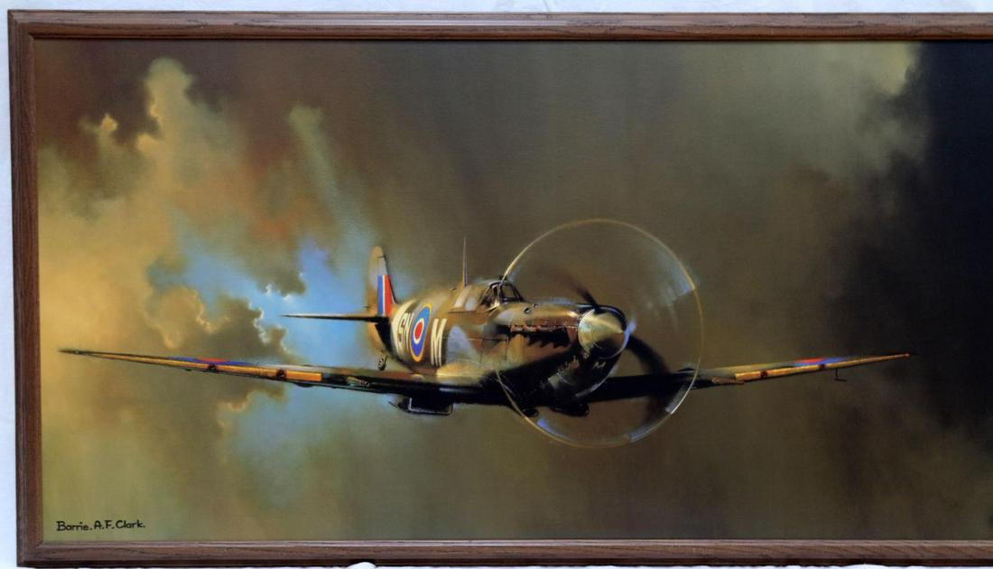 BARRIE A.F. CLARK SPITFIRE FINE ART PRINT: Barrie A.F. Clark is a British postwar & contemporary artist born in 1943 and renowned for his detailed aircraft images. Well executed print in very good condition measuring 19x38 inches.