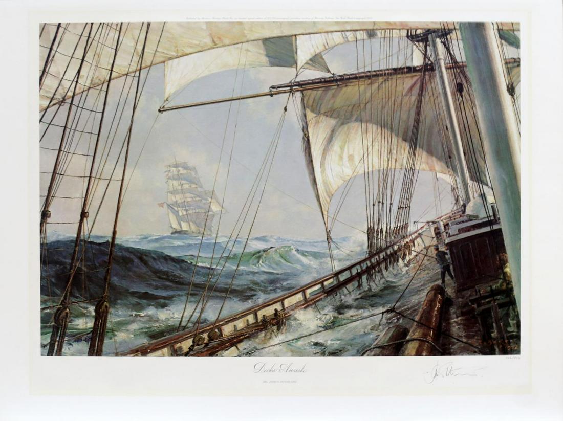 JOHN STOBART SIGNED LIMITED EDITION DECKS AWASH: Signed limited edition (146/850) Decks Awash by John Stobart. John Stobart (1929 - 2023) British maritime artist known for his depictions of American harbor scenes during the Golden Age of Sail. Signa