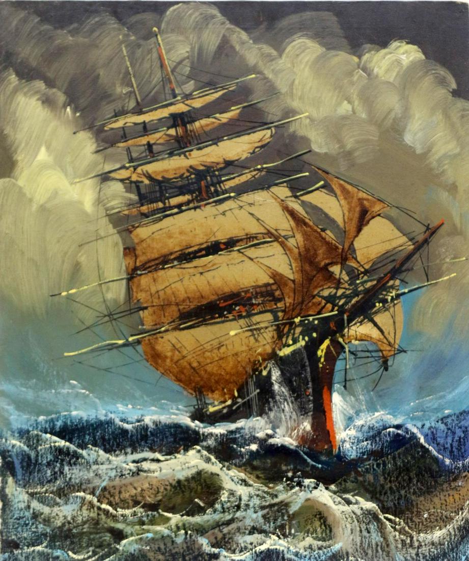 MID CENTURY MODERN CLIPPER SHIP PAINTING: Mid century modern clipper ship in a storm oil on canvas painting in the style of Bernard Buffet. In good condition with wear to the edges. Measures 24x20 inches. Signature appears ("A..."), but is ve