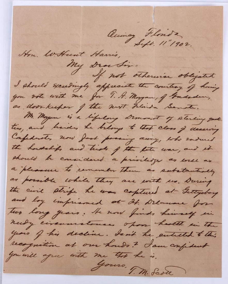 1902 POST CIVIL WAR QUINCY FLORIDA SENATE LETTER: Letter written to the Honorable Harris from T.M. Scott in Quincy, Florida advocating for Mr. T.A. Morgan to be appointed door-keeper for the Florida Senate dated Sept. 11, 1902. Mr. Morgan was a Confe