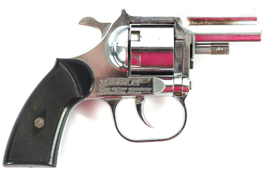 CLERKE TECHNICORP CLERKE 1ST .22LR REVOLVER: Barrel measures 2 3/16 inches long, bore is worn with significant pitting and finish loss. Mechanically still good, action functions without issue. FFL required for transfer. No international shipping
