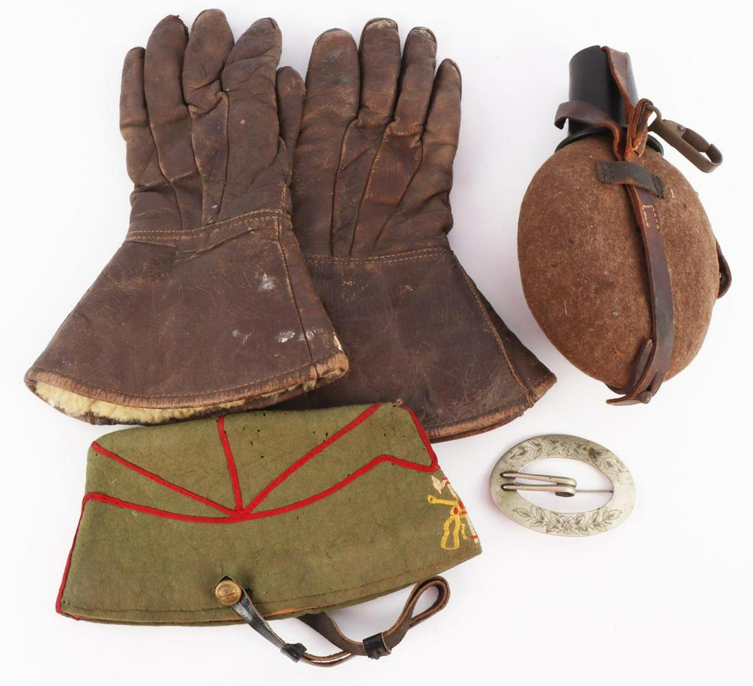GAUNTLET GLOVES GERMAN CANTEEN FASCIST CAP: Small gauntlet driving gloves, red painted WWII German canteen, and a mothed, possibly WWI Spain, Fascist cap.
