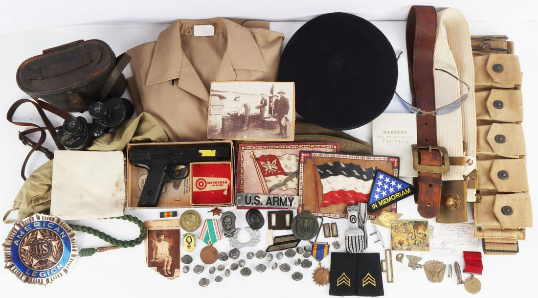 MILITARY COLLECTIBLE LOT WWI WWII SPAN AM CIVIL WA: Varied grouping to include Civil War reprint Rifle Tactics, WWII USMC web built and EGA buckle, Span Am cabinet photo, 1943 dated Bupers USN binoculars, Civil War belt and buckle size 32, 1942 Gum car