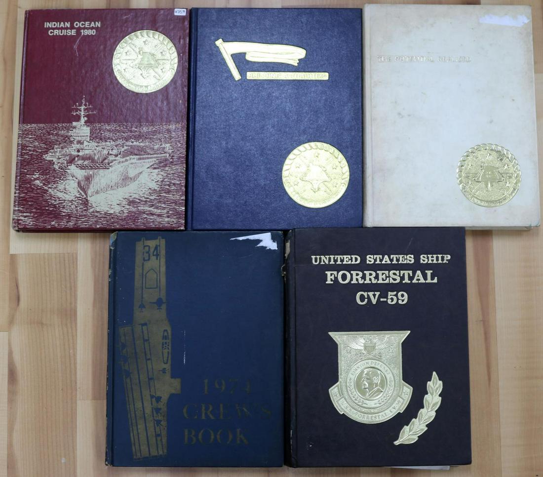 5 CRUISE BOOK LOT EISENHOWER ORISKANY FORRESTAL: Lot includes: Indian Ocean Cruise 1980 (Eisenhower), The Potential Realized, Building A Tradition, 1983 copy of United States Ship Forrestal CV-59 (in rough shape but the pages are still intact), and 