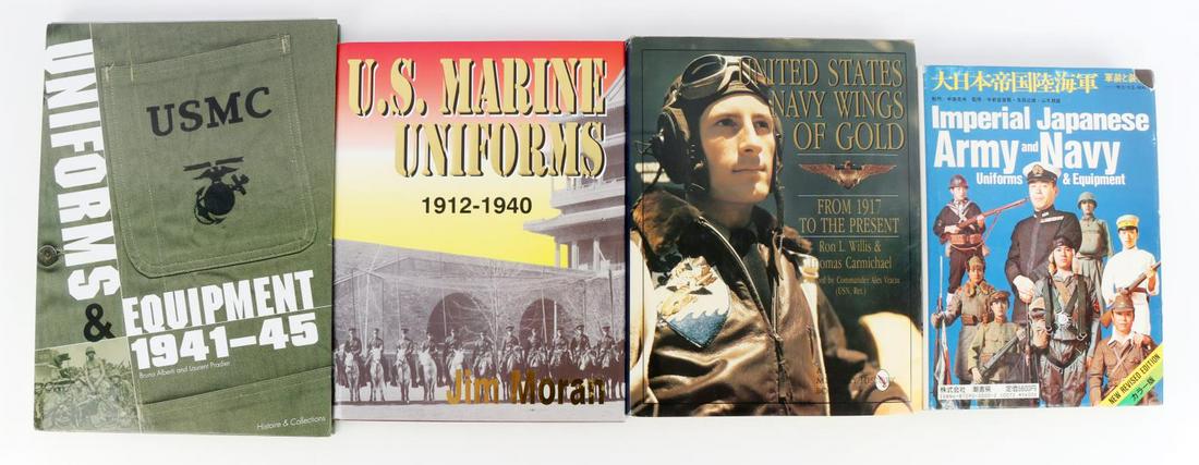 4 MILITARY REFERENCE BOOK LOT USN USMC JAPAN: Includes Imperial Japanese Army and Navy uniforms and equipment, USMC uniforms and Equipment, U.S. Marine uniforms, United States Navy Wings of Gold, all hard cover with dust jackets.