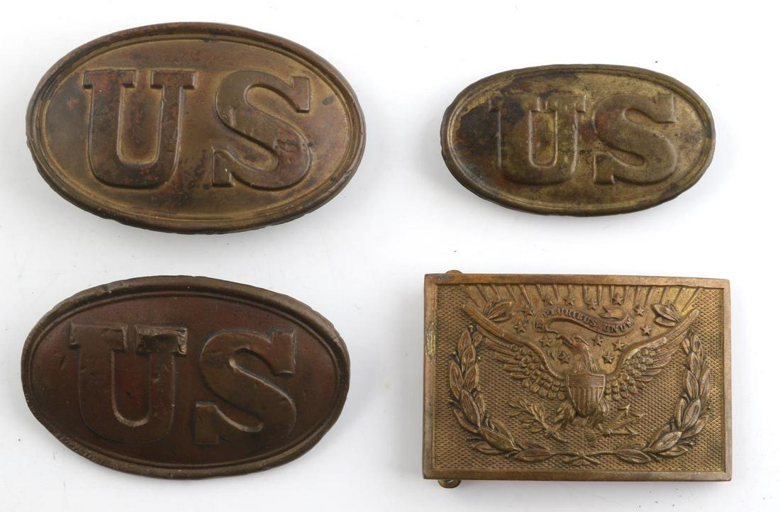 INDIAN & CIVIL WAR UNION BELT PLATE LOT OF 4: The Indian wars plate is all brass with Trade Mark stamped reverse. Smaller 2 /34 inch two prong plate is lead and brass. The remaining are 3 prong, lead and brass from Civil War. All in very good ori