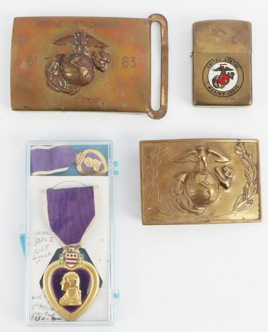USMC MARINE WWII PURPLE HEART BELT BUCKLE ZIPPO: Includes WWII USMC USN Purple Heart, unnamed, dated 1990 Zippo Lighter, Large Cuba EGA Buckle, and MARDET 61 63, USS Essex.