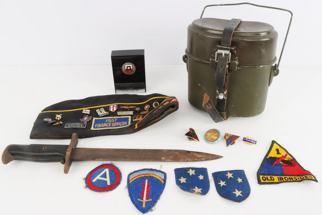 WWII TEXAS VFW CAP GERMAN MESS KIT M1 BAYONET: Lot includes WWII patches and badges, M1 Garand bayonet without scabbard, Texan Veteran cap with pins, and a German post war mess kit.