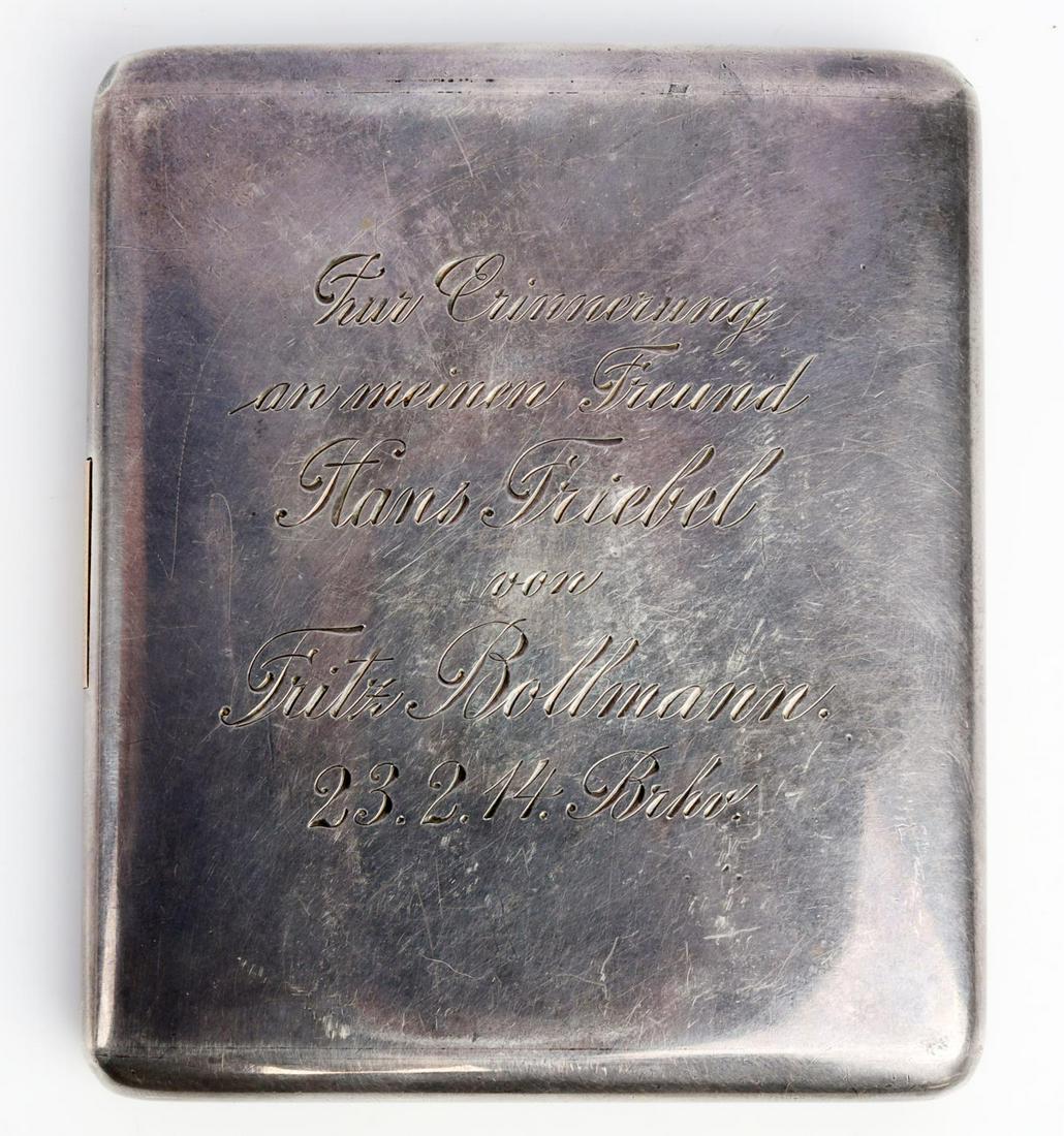 PRE WWI IMPERIAL GERMAN BRITISH SILVER CIG CASE: Pre-WWI Imperial German personally engraved sterling silver cigarette case. Lid monogrammed "OGS." Reverse engraved "Fur erinnering an meinen freund Hans Friebel von Fritz Bollmann 23.2.14" dated Feb.